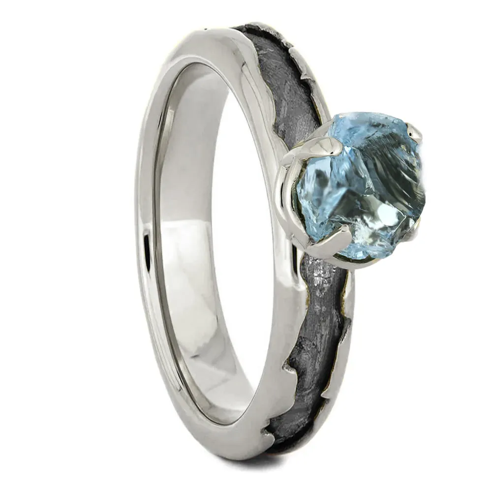 Unique Meteorite Wedding Ring Set with Rough Aquamarine Engagement Ring
