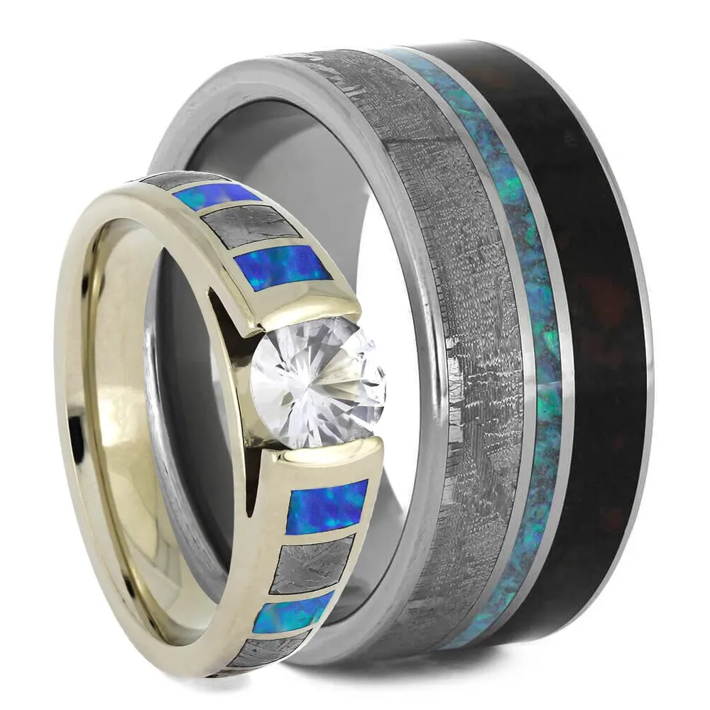 Unique Opal Wedding Ring Set with a Cathedral Style Engagement Ring
