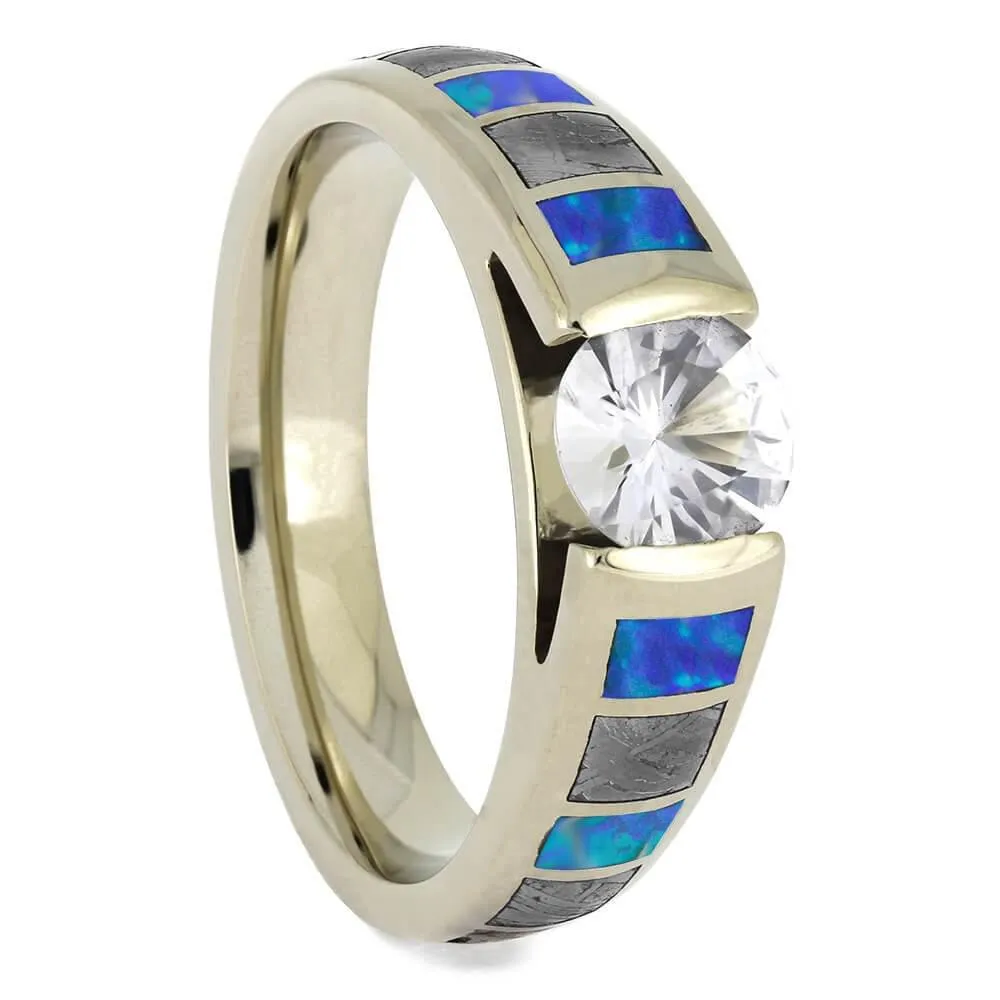 Unique Opal Wedding Ring Set with a Cathedral Style Engagement Ring