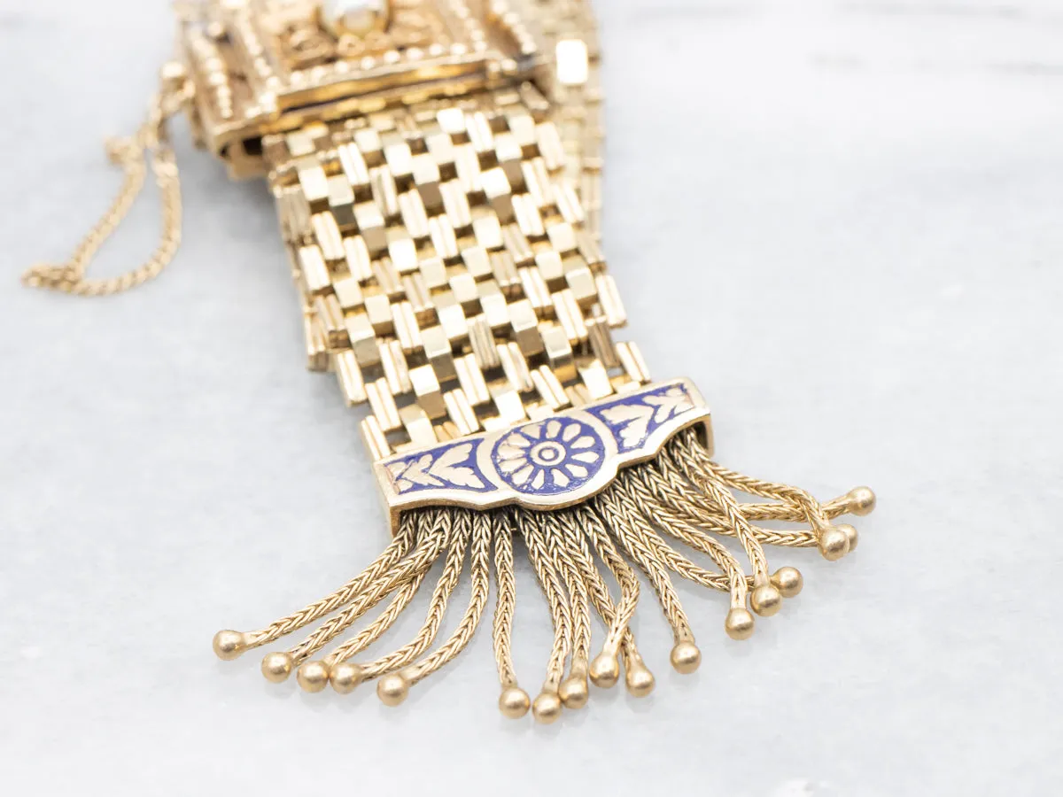 Victorian Revival Pearl and Blue Enamel Mesh Slide Bracelet