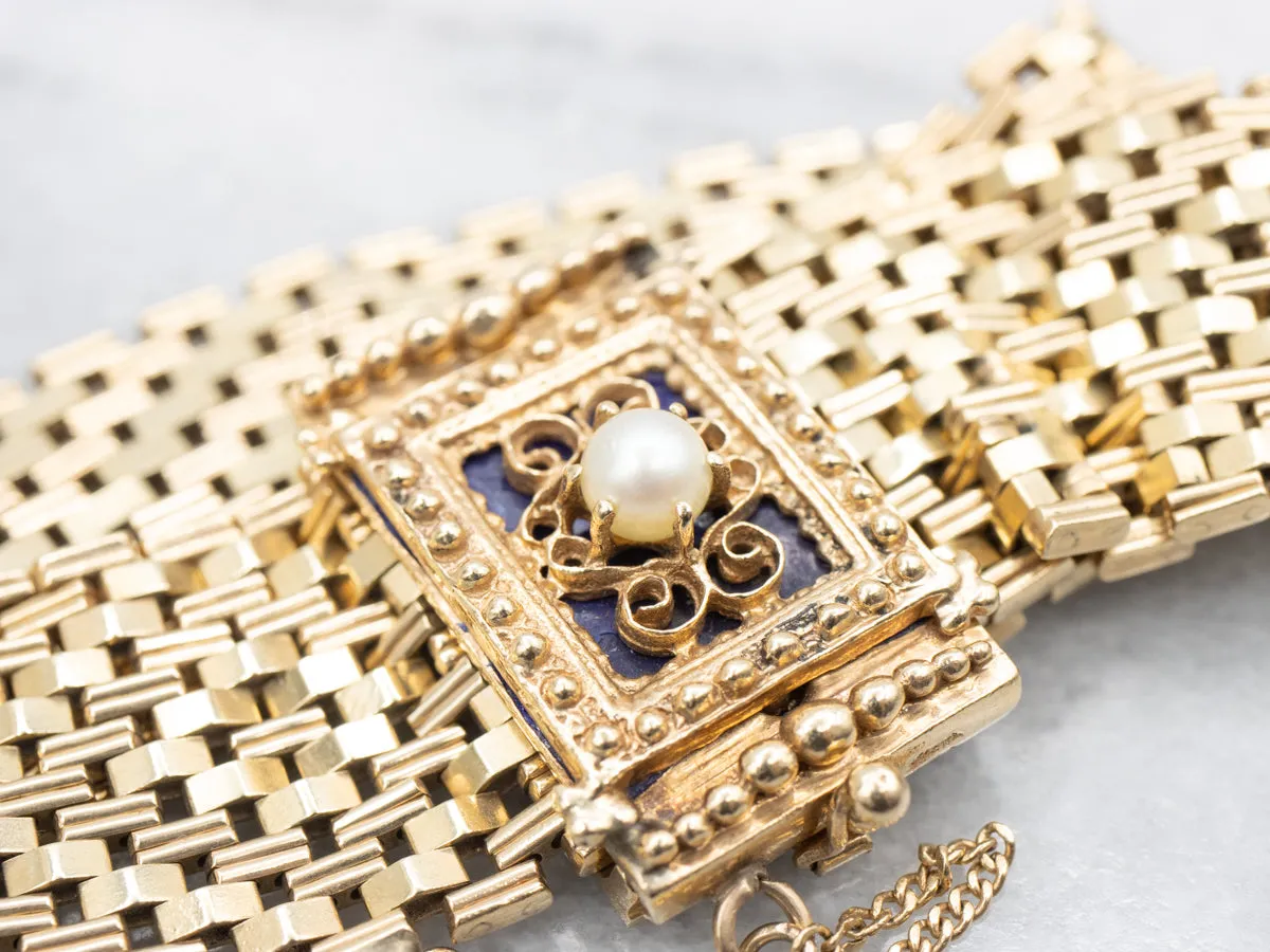 Victorian Revival Pearl and Blue Enamel Mesh Slide Bracelet