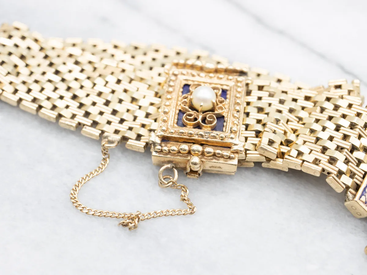 Victorian Revival Pearl and Blue Enamel Mesh Slide Bracelet
