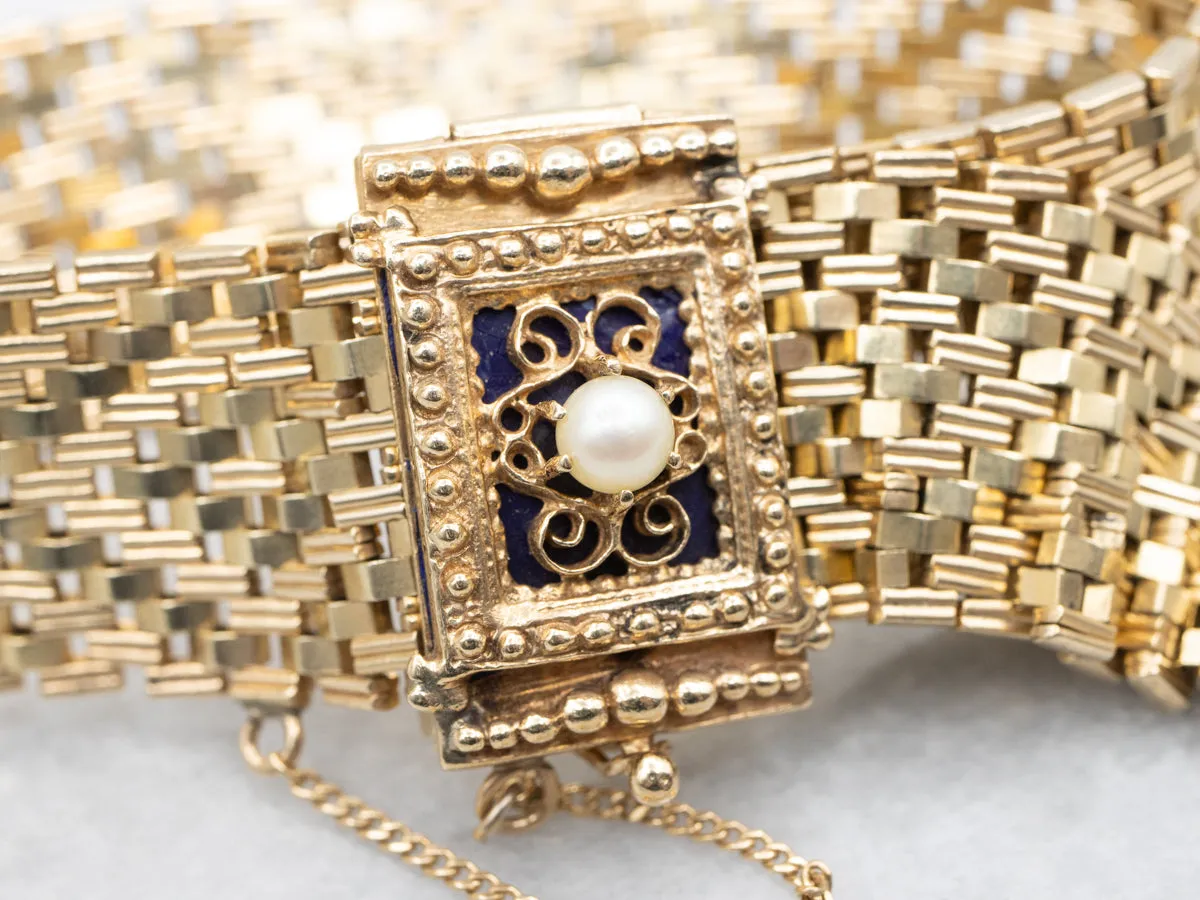 Victorian Revival Pearl and Blue Enamel Mesh Slide Bracelet