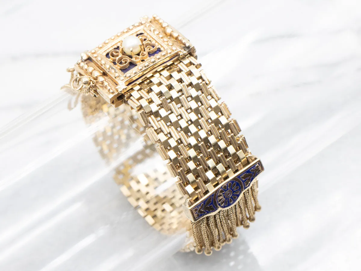 Victorian Revival Pearl and Blue Enamel Mesh Slide Bracelet