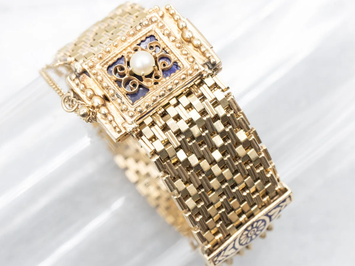 Victorian Revival Pearl and Blue Enamel Mesh Slide Bracelet