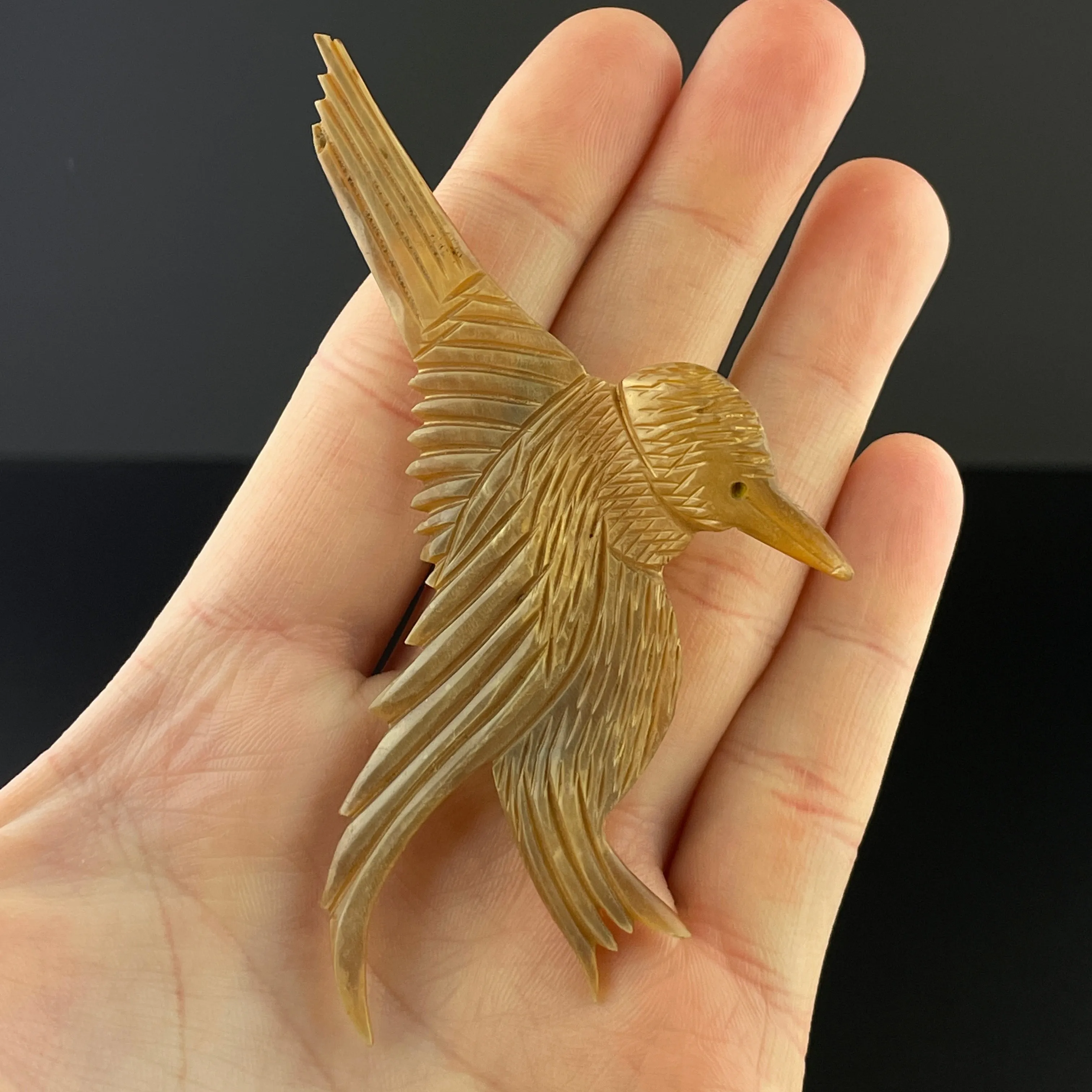 Vintage Art Deco Carved French Horn Bird Brooch