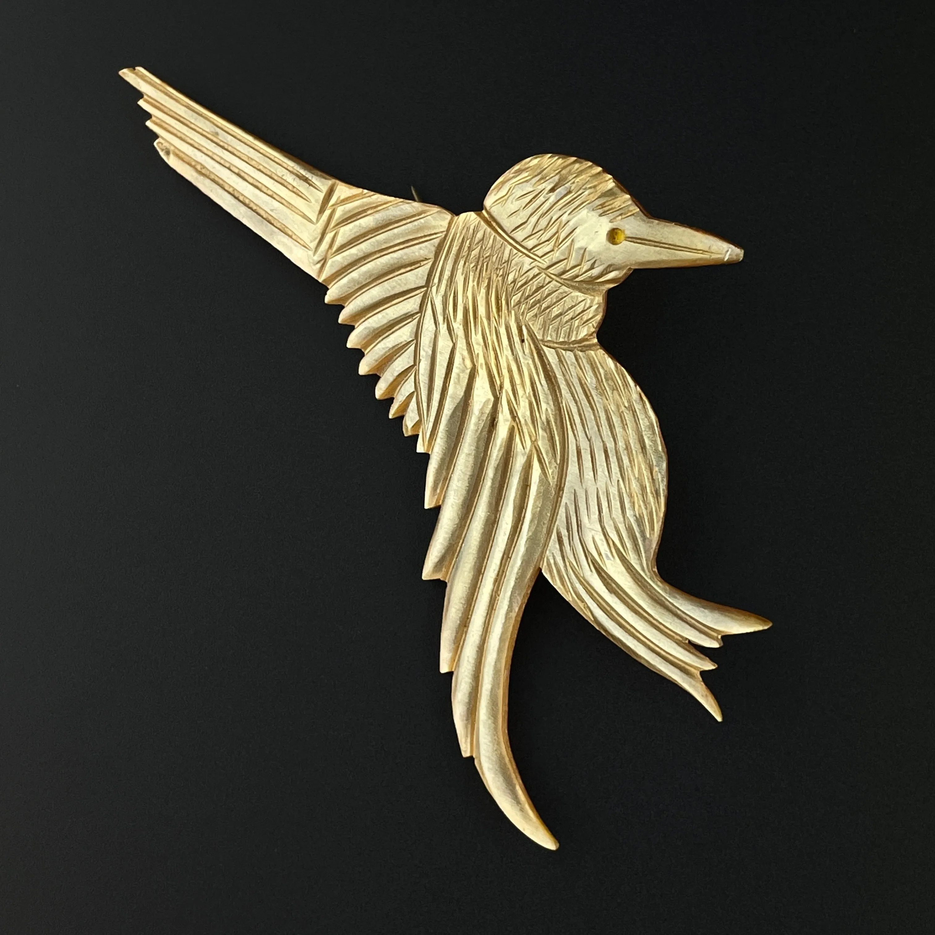 Vintage Art Deco Carved French Horn Bird Brooch