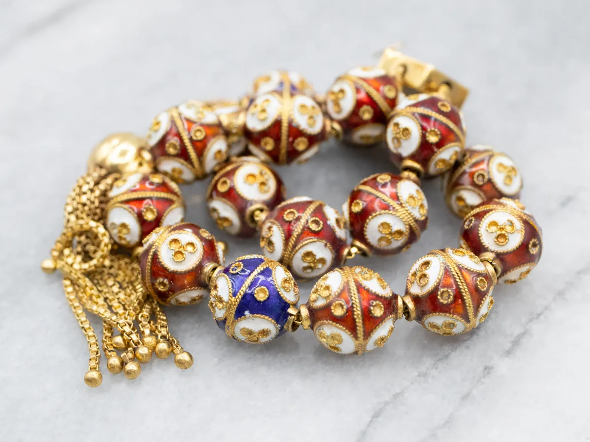 Vintage Cloisonn?? Beaded Gold Tassel Bracelet