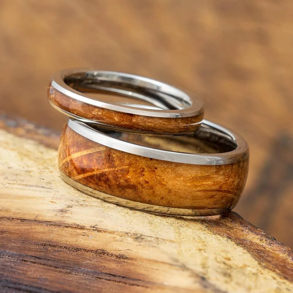 Whiskey Barrel Oak Wood His & Hers Titanium Rings