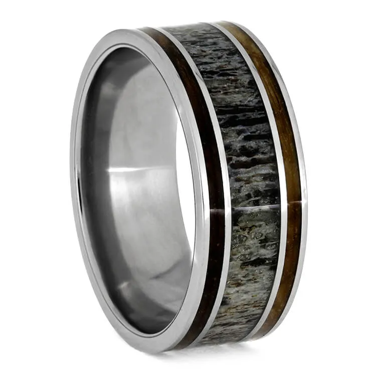 Whiskey Barrel Wood and Antler Ring Set