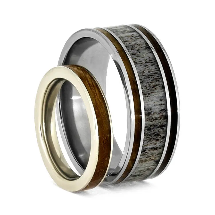 Whiskey Barrel Wood and Antler Ring Set