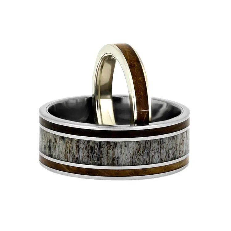 Whiskey Barrel Wood and Antler Ring Set