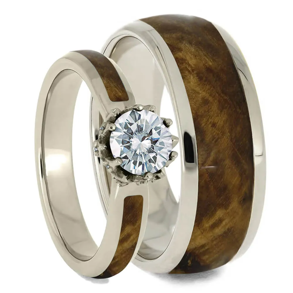 Wood Wedding Ring Set, Peridot Engagement Ring with Wood Wedding Band