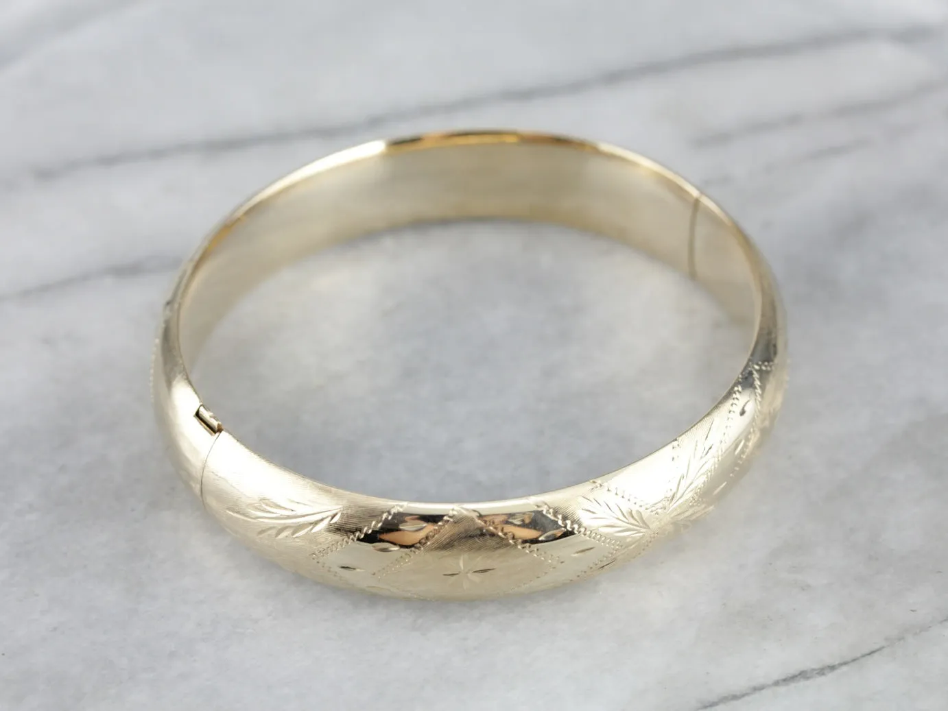 Yellow Gold Etched Bangle Bracelet