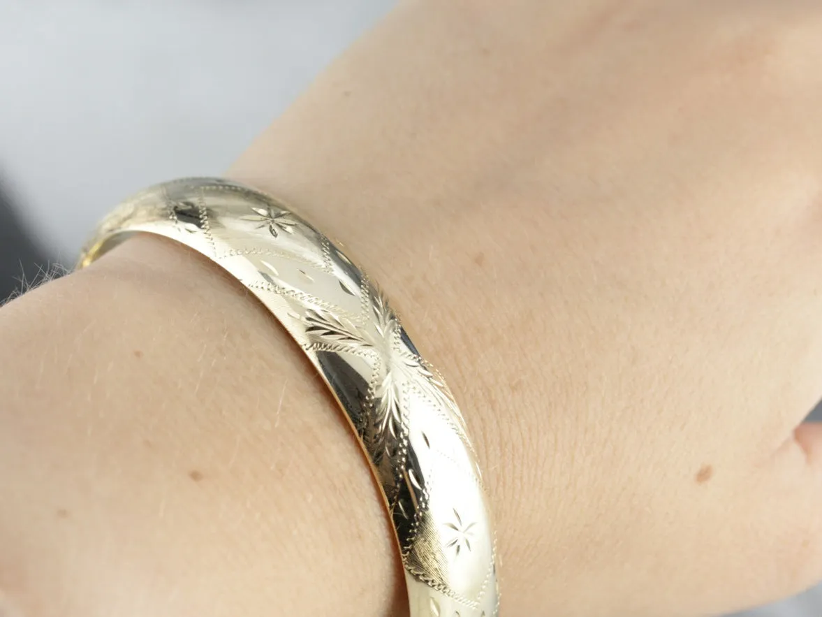 Yellow Gold Etched Bangle Bracelet