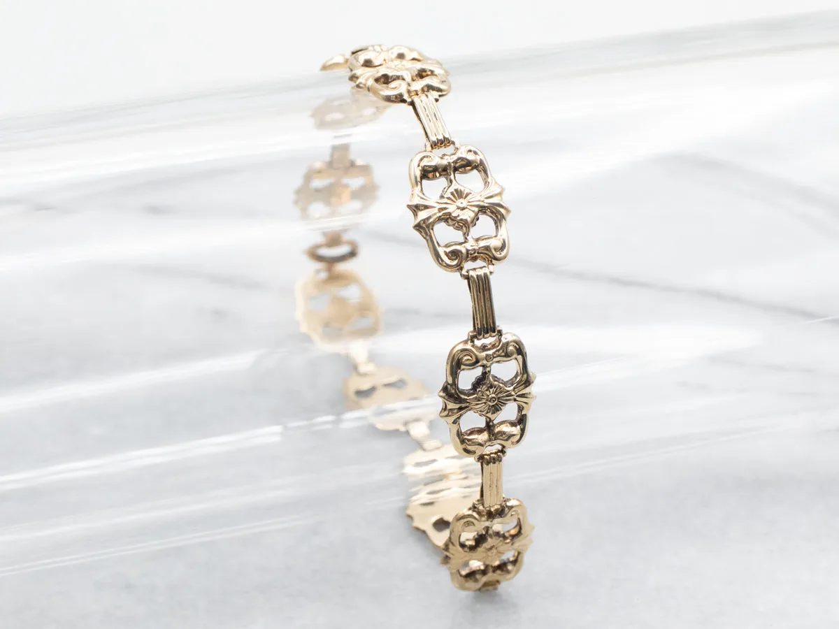 Yellow Gold Rectangular Floral Link Bracelet with Spring Ring Clasp